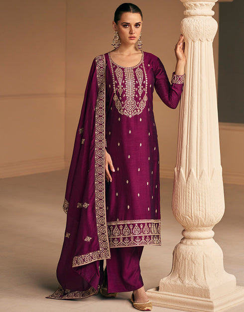 Designer Function Wear Heavy Salwar Suit Collection Purple Premium Silk Pant Straight Close-up View